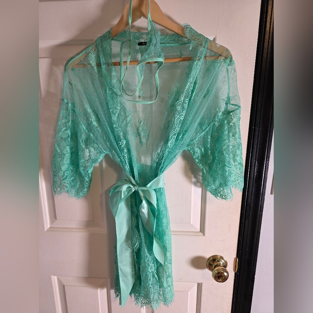 Ababoon (From Amazon) Sheer Lace Robe and Matching Thong Mint Green Size Large